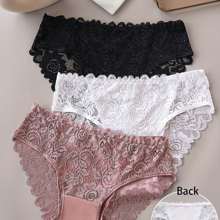 3pcs Solid Lace Briefs, Comfy & Breathable