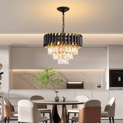 Elegant 3-Tier Black & Gold Crystal Chandelier - Modern Flush Mount