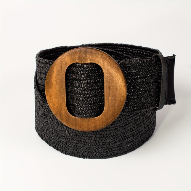 Boho-Chic Straw Belt with Wooden Buckle