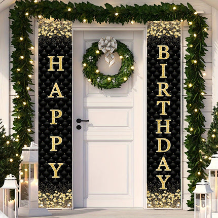 1pair Happy Birthday Black Golden Checkered Door Curtain