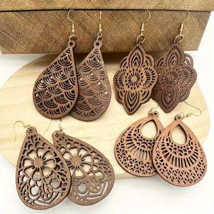Retro Wooden Pendant Earrings Set