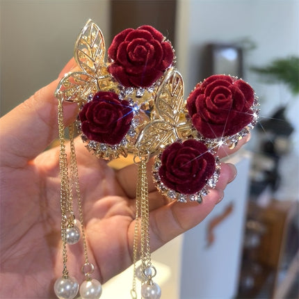 Red Flocking Rose Hair Clip – Autumn & Winter Tassel Headwear