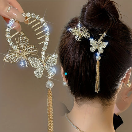 Rhinestone Butterfly Tassel Hair Clip
