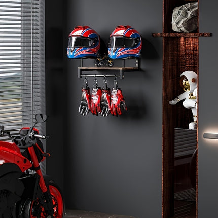 Wooden Motorcycle Helmet Wall Rack with Shelf & Gear Hook