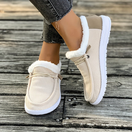 Beige Furry Trim Slip-On Loafers