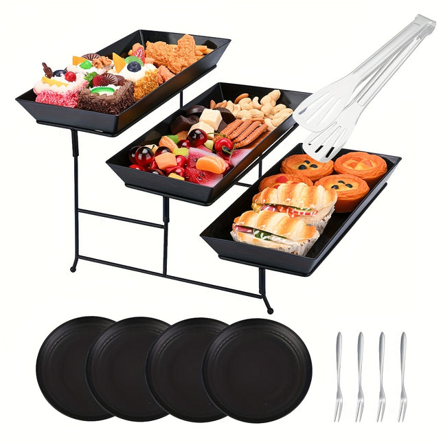 3-Tier Serving Tray Set with Tongs, Small Plates, and Forks