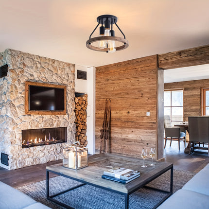Rustic 3-Light Farmhouse Ceiling Light – Wood Grain Finish