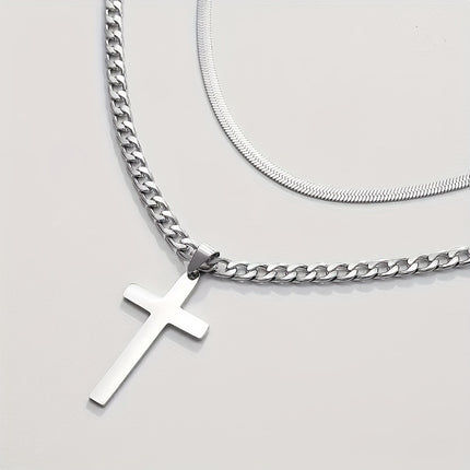 Men's Stainless Steel & Titanium Cross Necklace Set
