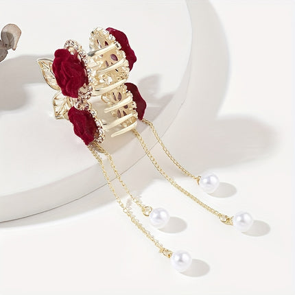 Elegant Red Rose Tassel Hair Clip