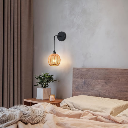 Boho Chic Hand-Woven Rattan Wall Lamp - Farmhouse Style