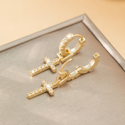 Golden Cross Earrings with Cubic Zirconia