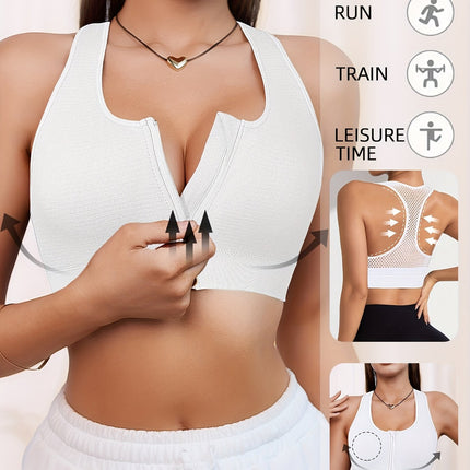 Women's Seamless Sports Bra with Front Zipper & Breathable Design