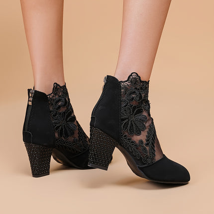 Elegant Floral Lace Chunky Heel Boots