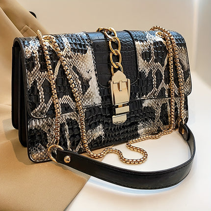 Vintage Snake Print Chain Shoulder Bag