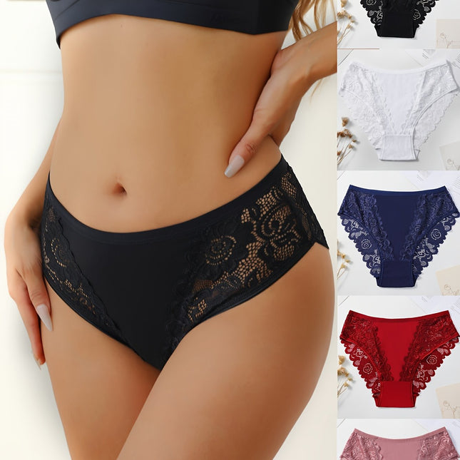 5pcs Cotton Lace Briefs, Mid Rise