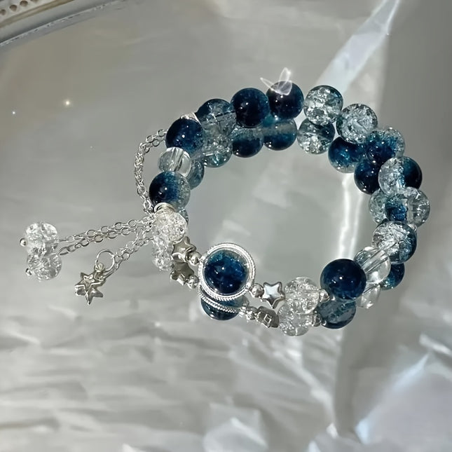 Shimmering Star Charm Blue Beaded Bracelet – Adjustable & Cute