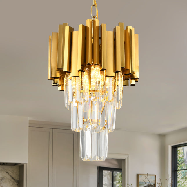 Golden 3-Tier Crystal Pendant Chandelier – Modern Elegance