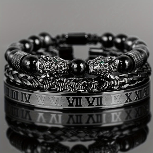 Men's Black Agate Leopard Head Bracelet Set