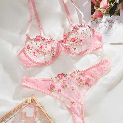 Floral Embroidery Mesh Lingerie Set