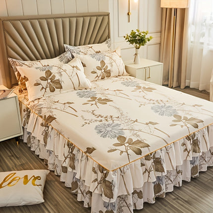 Luxury 3pcs Bed Skirt Set with Floral Print & Pillowcases