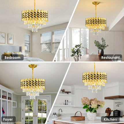 Sleek Black & Gold Crystal Chandelier – 3-Tier Elegance