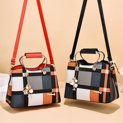 Colorblock Plaid Pendant Shoulder Bag