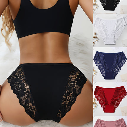 5pcs Cotton Lace Briefs, Mid Rise