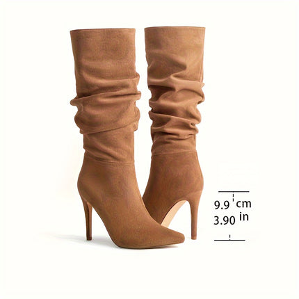 Pleated Point Toe Knee-High Boots