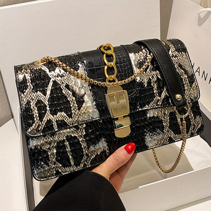Vintage Snake Print Chain Shoulder Bag