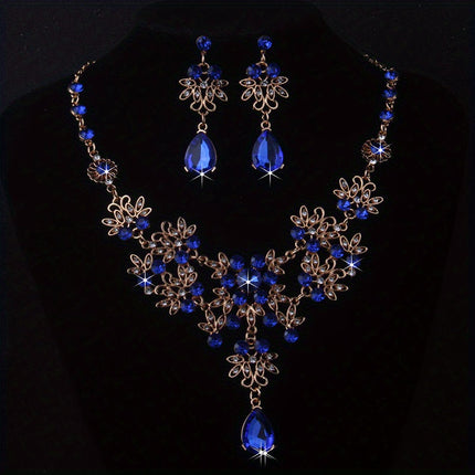 Royal Blue Leaf Flower Necklace & Earrings Set