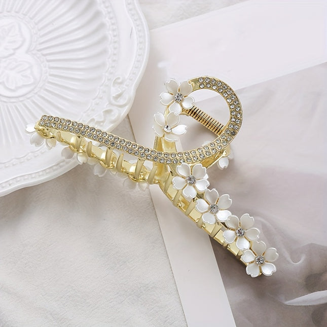 Golden Flower Double Line Rhinestone Hair Clip