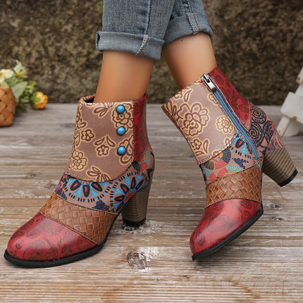 Floral Pattern Chunky Heel Ankle Boots