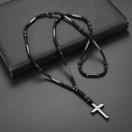 Elegant Men's Black Beaded Cross Necklace