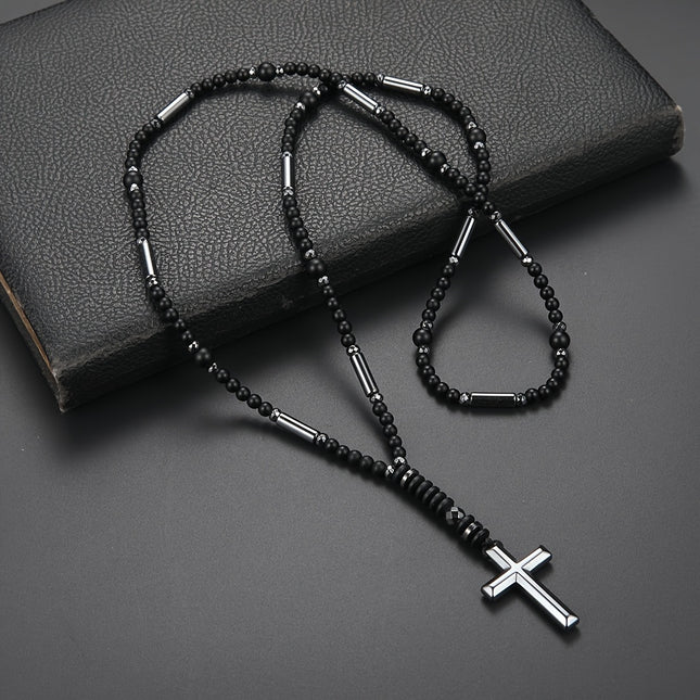 Elegant Men's Black Beaded Cross Necklace