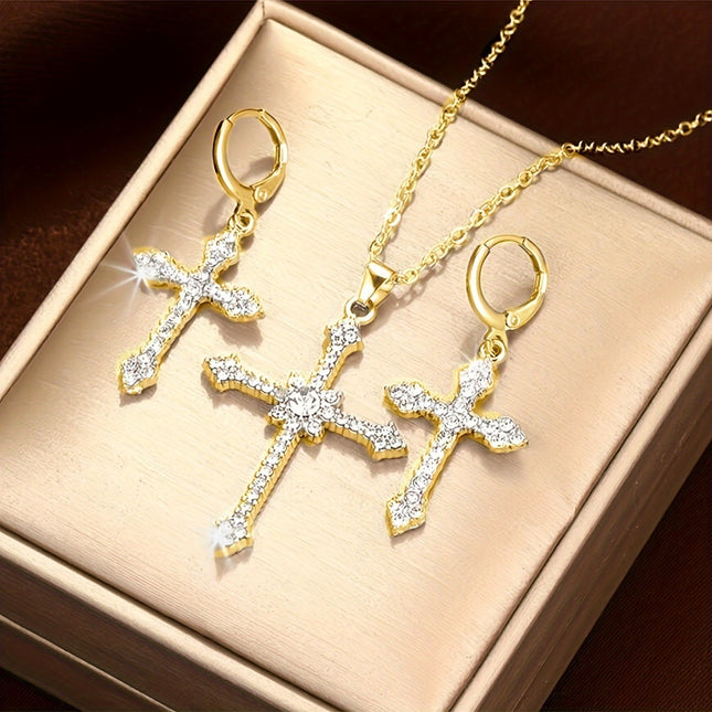 Retro Glittering Cross Pendant Set