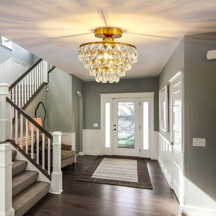 Elegant Golden Crystal Ceiling Light - E26 Flush Mount