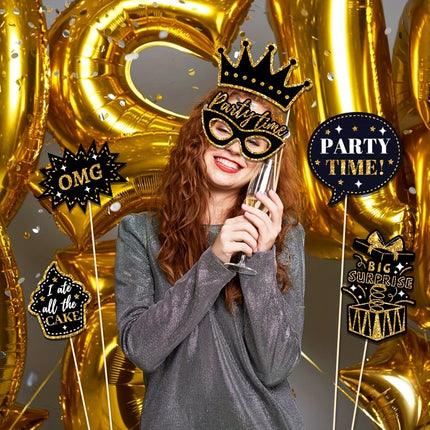 36pcs Black & Golden Birthday Photo Booth Props Set