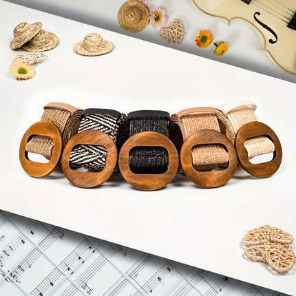 Boho-Chic Straw Belt with Wooden Buckle