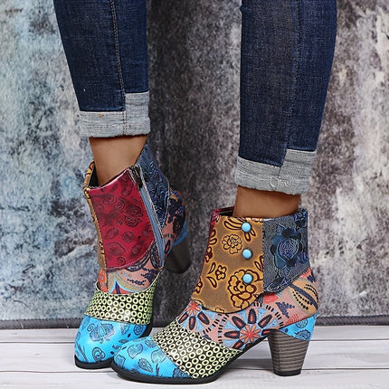 Floral Pattern Chunky Heel Ankle Boots