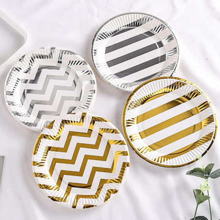 Elegant Golden & Silvery Foil Birthday Cake Plates Set
