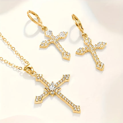 Retro Glittering Cross Pendant Set