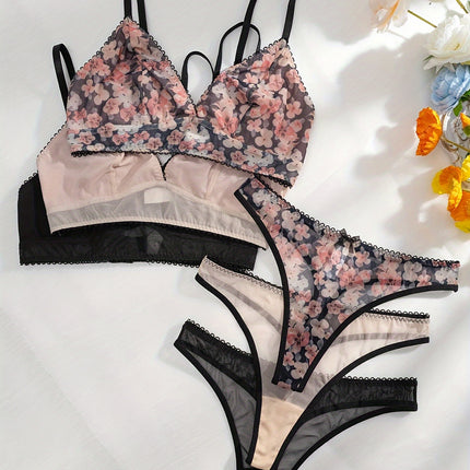 3-Piece Color Block Lingerie Set