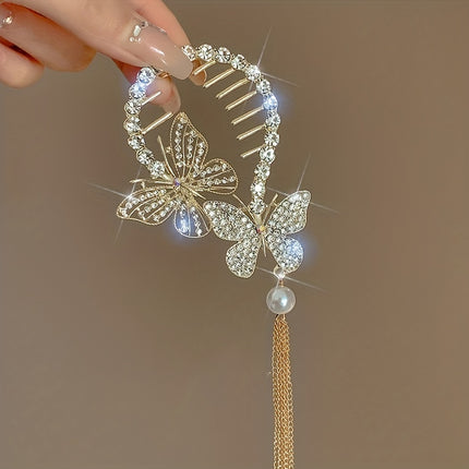 Rhinestone Butterfly Tassel Hair Clip
