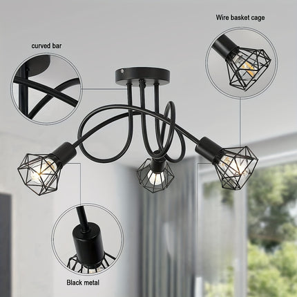 Industrial 3-Light Ceiling Fixture – Black Metal Cage Design