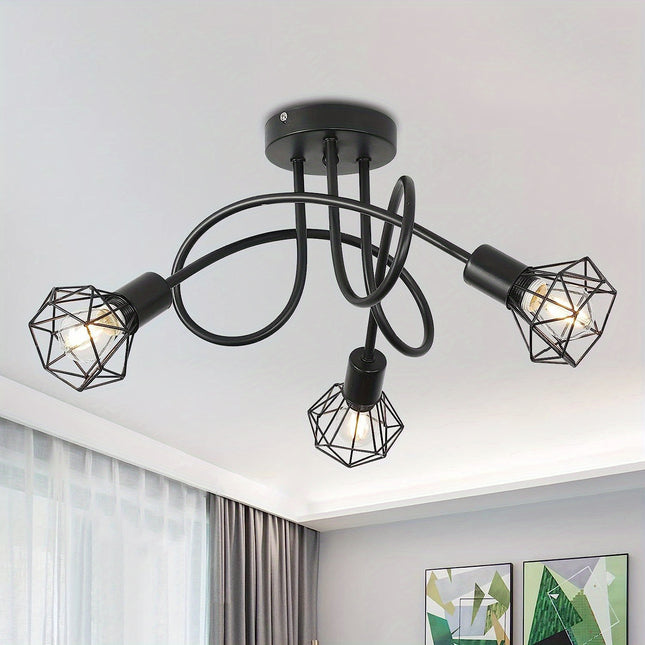 Industrial 3-Light Ceiling Fixture – Black Metal Cage Design