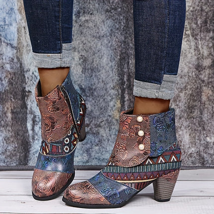 Floral Pattern Chunky Heel Ankle Boots
