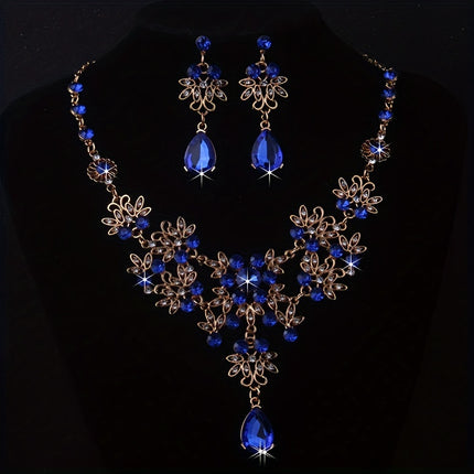 Royal Blue Leaf Flower Necklace & Earrings Set