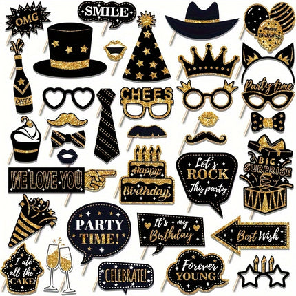 36pcs Black & Golden Birthday Photo Booth Props Set