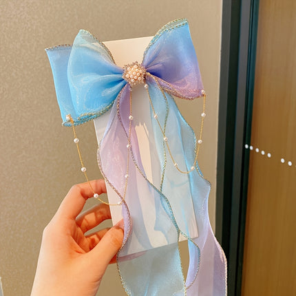 Cute Mesh Bow Ribbon Hair Clips – Faux Pearl Tassel