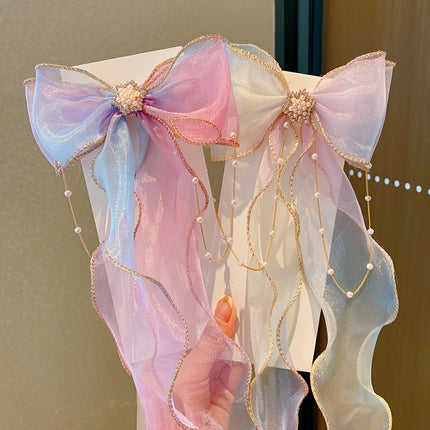 Cute Mesh Bow Ribbon Hair Clips – Faux Pearl Tassel